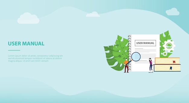 User manual concept with book manuals with team people read for website template landing homepage
