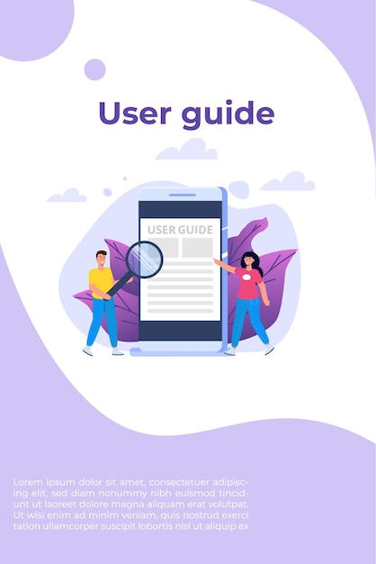 Concetto di stile piatto manuale utente. le persone con istruzioni guida stanno discutendo sul contenuto del manuale. illustrazione vettoriale.