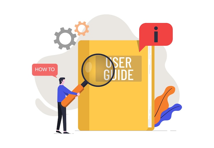 Vector user manual guide book concept people characters holds magnifier to read for guidance manual instruction textbook specification user tutorial document terms and conditions