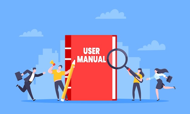 User manual guide book flat style design vector illustration tiny people and guidance manual