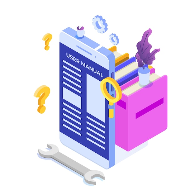 Manuale utente sul concetto di icona isometrica del dispositivo mobile
