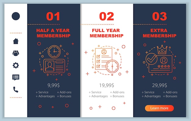 User membership prices onboarding mobile app screens vector templates Tariff plans steps Walkthrough website pages interface Account registration Smartphone subscription payment web page layout