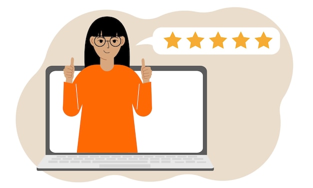 Vettore recensioni degli utenti computer portatile con una donna con il pollice in su recensioni dei clienti recensioni online valutazione a stelle feedback bolla di valutazione