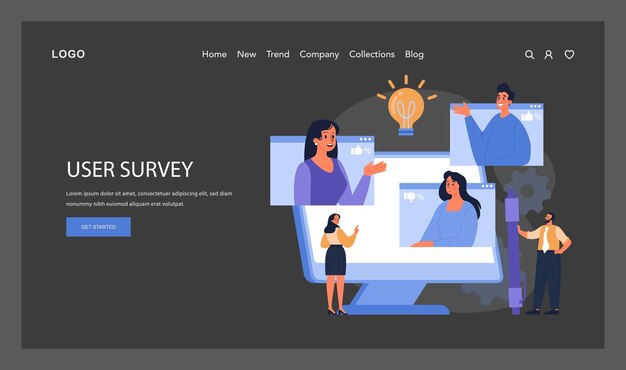 User survey web or landing team engages in gathering feedback with digital tools highlighting the