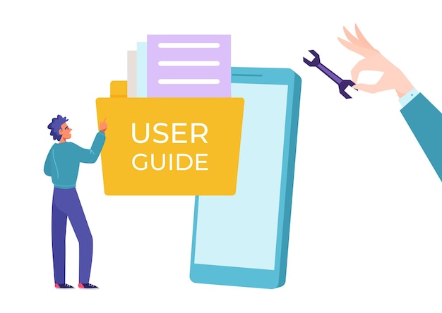 ユーザーの小さなキャラクター スマートフォン ガイド テクニカル サポート ハンド レンチを保持して男性顧客フラット ベクトル イラスト白で隔離を助ける
