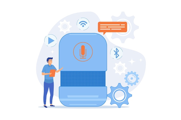 Vector user with voice controlled smart speaker or voice assistant. voice activated digital assistants,
