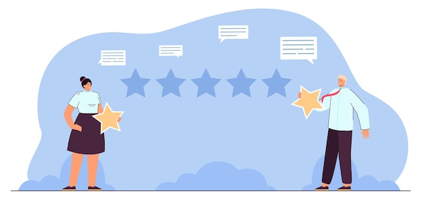 Users or clients rating online service and giving opinion. man and woman holding stars for review flat vector illustration. customer feedback or satisfaction concept for banner or landing web page