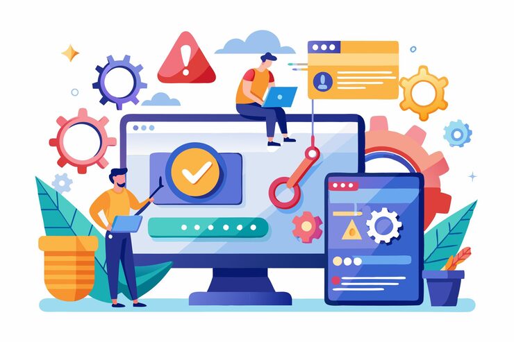 Vector users troubleshoot technical problems on a website using laptops gears and alert icons in a digital setting technical problems on website and webpage