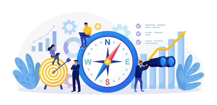 Vector using compass for navigation and orientation in business strategic planning future vision business strategy direction mission concept businessman makes important decisions sets goals for company