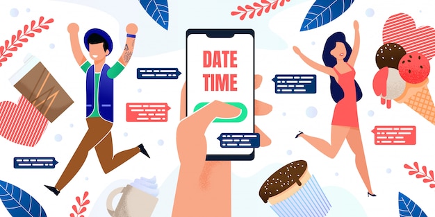 ベクトル スマートフォンフラットポスターのデートアプリの使用