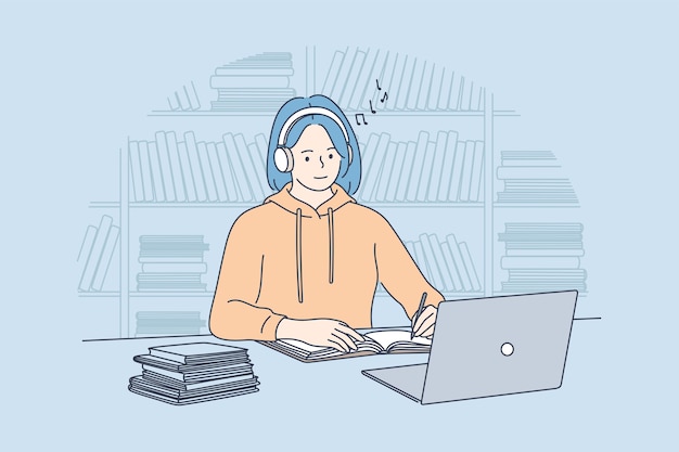 Utilizzo di gadget, ascolto di musica durante il concetto di e-learning.