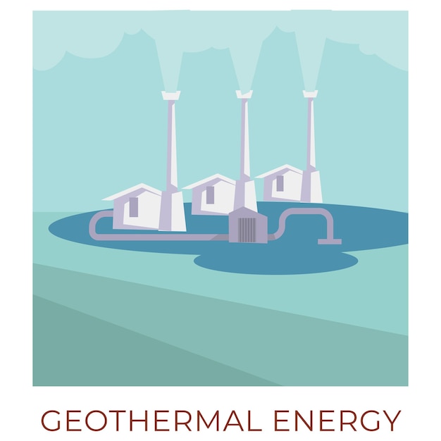 Vector using natural sustainable and renewable resources to generate power. geothermal energy station with hot steam. efficiency and ecology, turbines accumulating and producing. vector in flat style