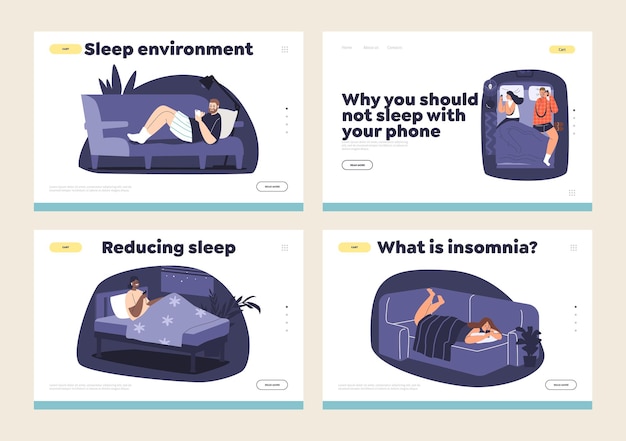 침실 개념에서 스마트폰을 사용하여 사람들이 전화로 침대에 누워 있는 템플릿 랜딩 페이지 설정