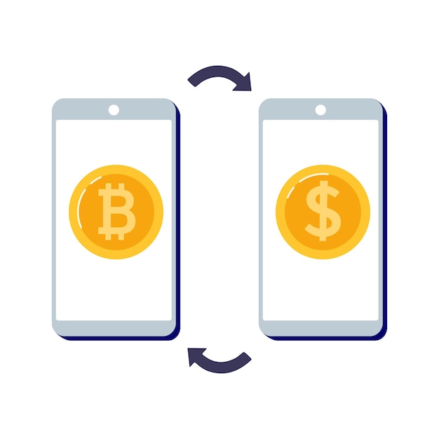 Vettore utilizzo di uno smartphone per scambiare dollari con tecnologie blockchain bitcoin