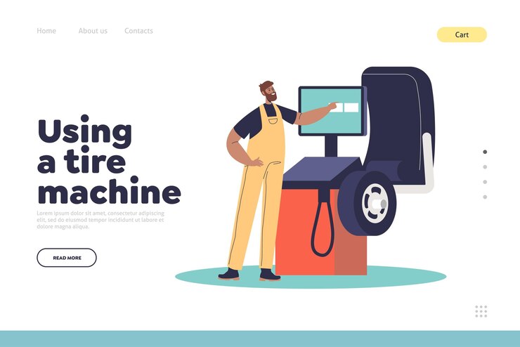 Vector using tire machine concept of landing page with mechanic in garage fitting car tyre before mounting