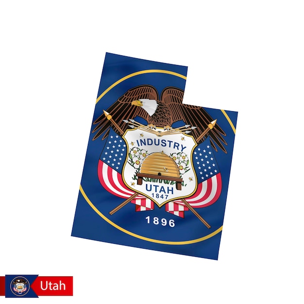 Utah state map with waving flag of US State