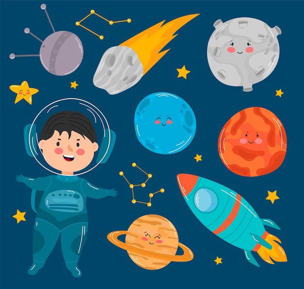 Ute astronaut cartoon stijl vector illustratie cartoon kosmonaut jongen in ruimtepak planeten van solar