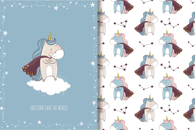 Сute cartoon unicorn superhero card and seamless pattern