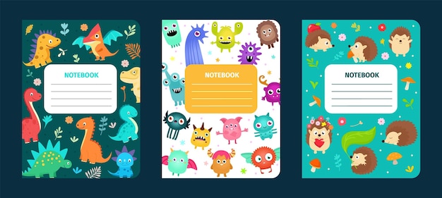 Vector ute children's notebooks with patterns of dinosaurs monsters and hedgehogs
