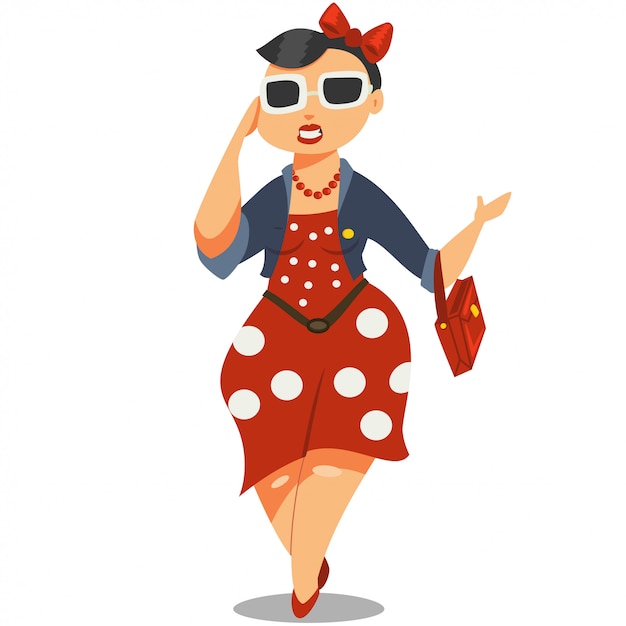 Сute girl in sunglasses and a red dress cartoon character