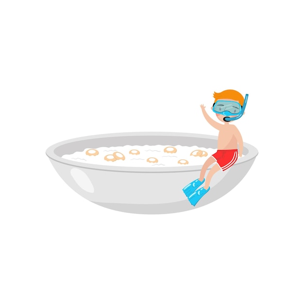 Ute jongen in duikbril zittend op de rand van een gigantische kom met ontbijtgranen in melk cartoon vector Illustration