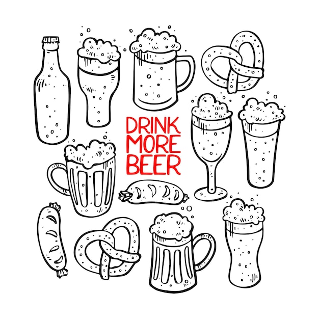 Vettore ute set di birra, salsicce e pretzel. illustrazioni disegnate a mano