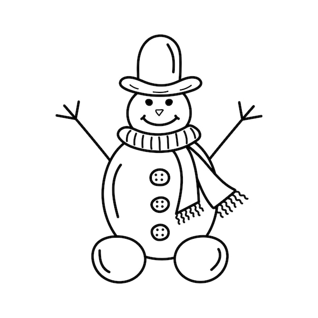 Vector Ð¡ute snowman in hat and scarf in doodle style. new year, christmas and winter character.