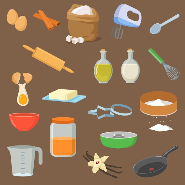 Utensils and ingredients for dessert illustrations set