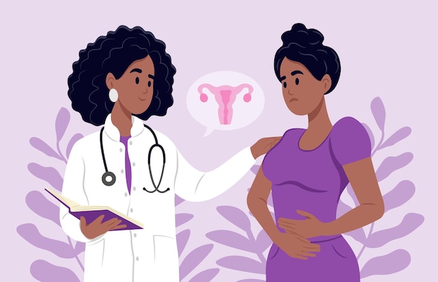 Vector uterine fibroids symptoms diagnostic and treatment a black family doctor is talking to a patient with uterine fibroids july is fibroid awareness month consultation of a gynecologist