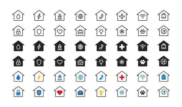 Utilities icon set Concept of facilities Electricity heart phone shield fire gas lock internet and more signs Stay at home symbol