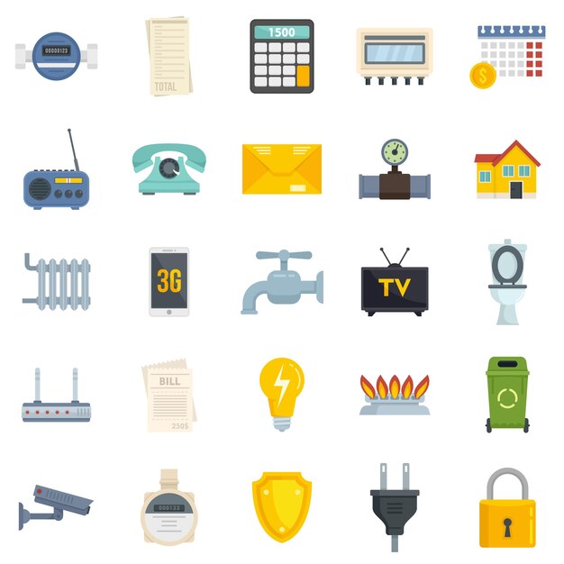 Utilities icons set. flat set of utilities vector icons isolated on white background