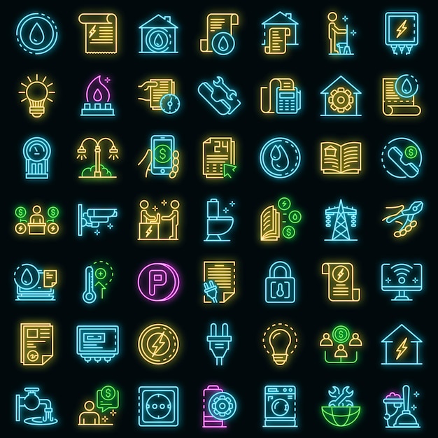 Utilities icons set. outline set of utilities vector icons neon color on black