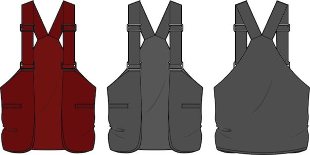 Utility Vest спереди и сзади, плоский эскиз, технический рисунок, векторный шаблон иллюстрации
