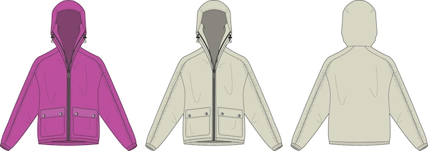 Vector utility yoga jacket voor- en achterkant platte schets technische tekening vector illustratie sjabloon