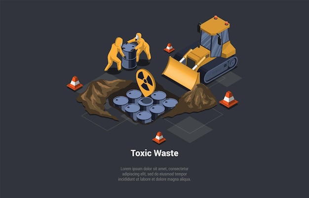 Vector utilization of wastes recycling garbage people bury barrels of radioactive waste in the ground radiation dangerous liquid problems of ecology and irradiation isometric 3d vector illustration