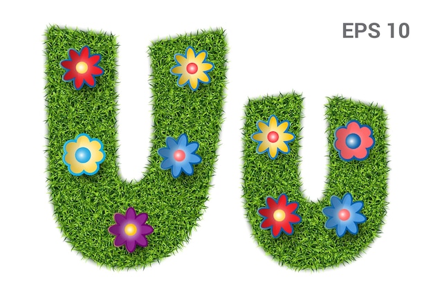 Uu  capital and capital letters of the alphabet with a texture of grass Moorish lawn with flowers