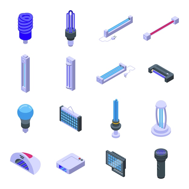 Uv 램프 아이콘을 설정합니다. 흰색 배경에 고립 된 웹 디자인을 위한 Uv 램프 벡터 아이콘의 아이소메트릭 세트