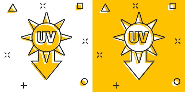 만화 스타일의 Uv 방사선 아이콘 격리 된 흰색 배경에 자외선 만화 벡터 일러스트 레이 션 태양 보호 스플래시 효과 비즈니스 개념