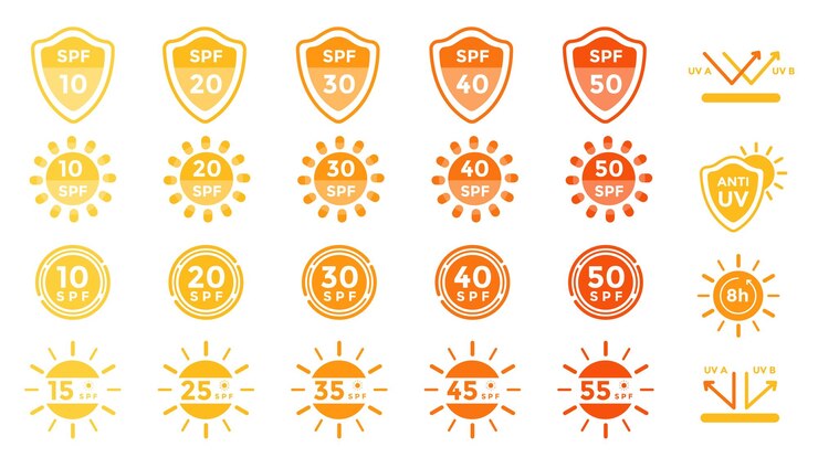 Vector uv and spf sun protection badges label collection