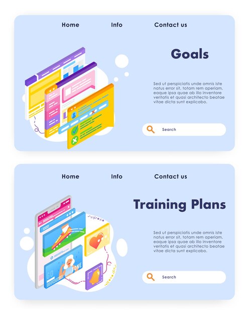 Uxデザインスクリーンスポーツトレーニングの目標と計画アプリベクトルウェブサイトデザインテンプレートランディングページ私たち...