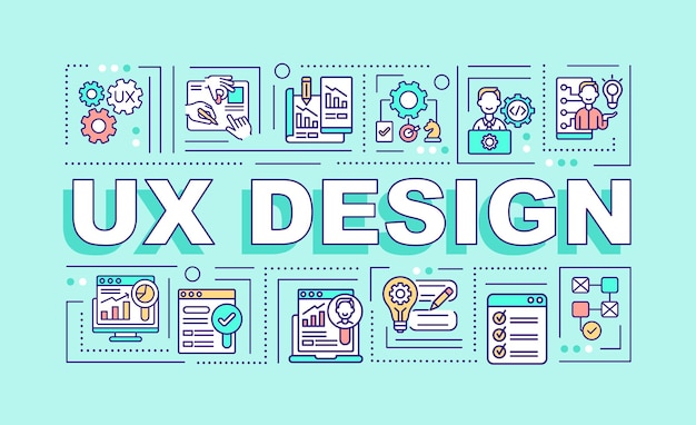 Ux design word concepts banner. user-friendly interface creation. infographics with linear icons on mint background. isolated creative typography. vector outline color illustration with text