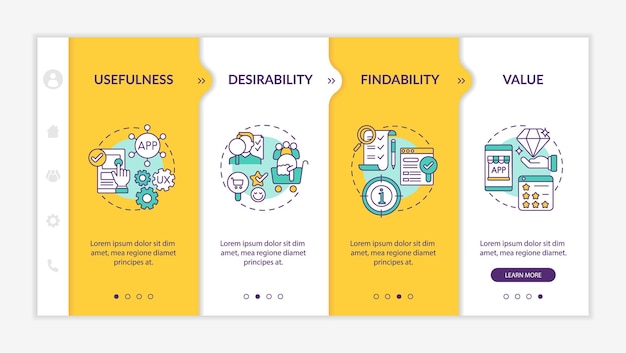 Modello vettoriale di onboarding degli elementi ux. sito mobile reattivo con icone. procedura dettagliata della pagina web in 4 schermate. concetto di colore dei fattori di desiderabilità e reperibilità con illustrazioni lineari