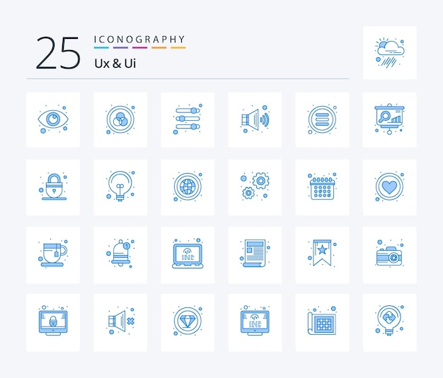 Ux en Ui 25 Blue Color-pictogrampakket inclusief menulijstopties volume audio