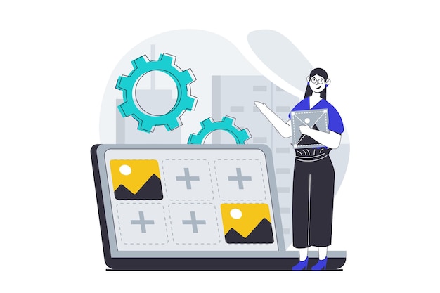 UX-ontwerpconcept met mensen scène in platte grafiek voor het web Vrouw creëert plaatsing en bewerking van beeldelementen voor website layout Vector illustratie voor social media banner marketing materiaal