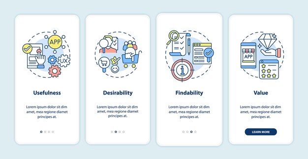 ux principles onboarding mobile app page screen. usefulness, desirability walkthrough 4 steps graphic instructions with concepts. ui, ux, gui vector template with linear color illustrations