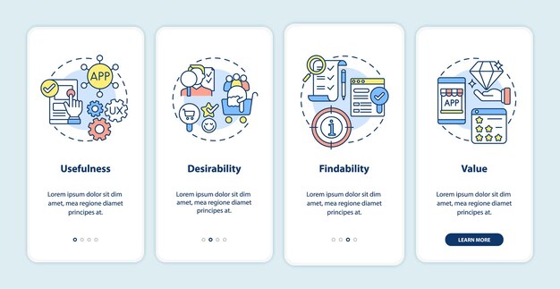 Schermata della pagina dell'app mobile onboarding dei principi ux. utilità, desiderabilità guida in 4 passaggi istruzioni grafiche con concetti. modello vettoriale ui, ux, gui con illustrazioni a colori lineari