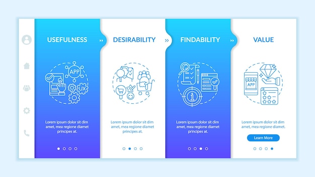 ux principles onboarding vector template. responsive mobile website with icons. web page walkthrough 4 step screens. usefulness and value perspectives color concept with linear illustrations