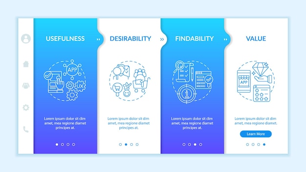 Ux principles onboarding vector template. responsive mobile website with icons. web page walkthrough 4 step screens. usefulness and value perspectives color concept with linear illustrations