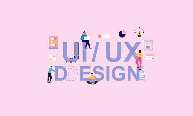 Vettore il concetto di progetto ux / ui con il lavoro della gente del carattere e l'illustrazione del posto del testo