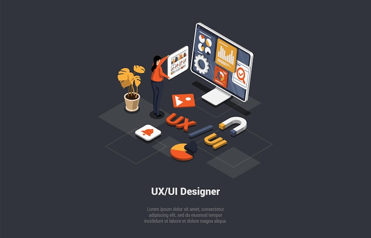 Vector ux ui design digital arts typeface icons concept designer woman near computer user creator interface scenes application for a mobile individual design isometric 3d cartoon vector illustration